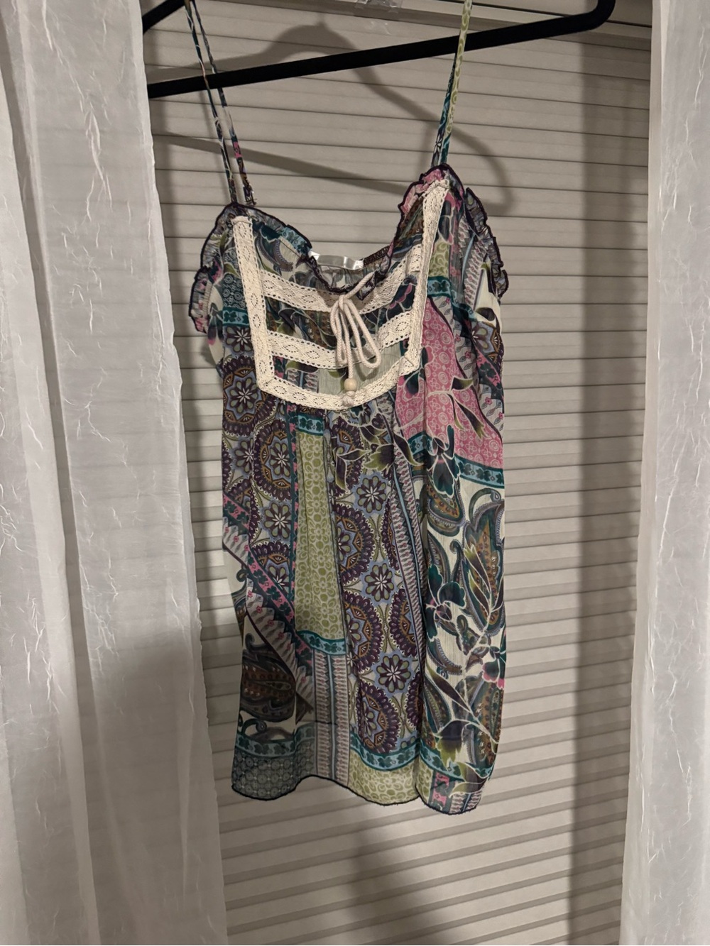 Charlotte Russe Multicolor Paisley Crochet-Trim Cami (Pink, Green, Blue)
